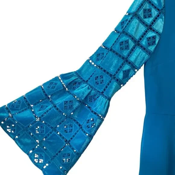 French Connection NWTs Garnet Velvet Lace Sleeve Turquoise Blue Mini Dress 4 - Picture 6 of 12